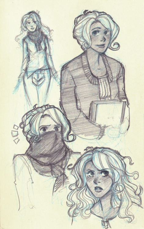 *shifty eyes* I felt like my sketchbook/tumblr needed more Adrienne, because reasons.  The dress and sweater are her “good” clothes from in town. Her clothes for riding the motorcycle includes a hemp tunic, jeans, leather chaps, and a deep