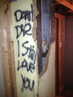 emilydamnit:  cockkkkkkkk:  choked:  So creepy story time, in my house we have this bathroom that’s under construction. Recently the one wall thing has been eroded. I used it today and decided to investigate the wall and found this graffiti on the one