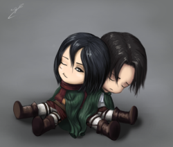 tamunameb: Shamelessly stealing time to make this when I’m supposed to be working. Let’s call it stress relief, shall we? Yes, Mikasa is trying to topple him over on purpose, since abusing Levi is her favourite form of entertainment.