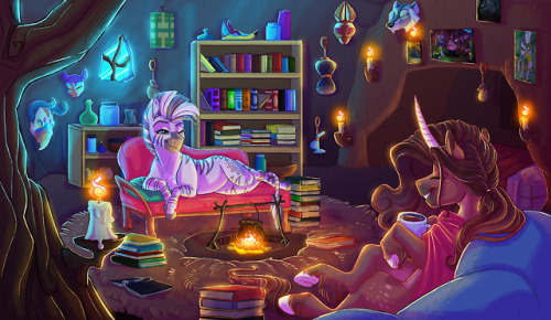 earthsong9405:  Tier 5 (illustration) commission for capricornzodiac24 of their character Witch Way with Zecora! This is a sequel to this image HERE.After a long day of experimenting with potion recipes, Zecora and Witch Way retire to Zecora’s bedroom