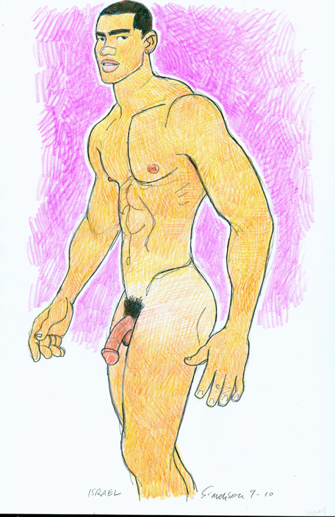 Israel on Purple Background, colored-pencil Brazilian male-nude drawing by Douglas Simonson (2010).&
