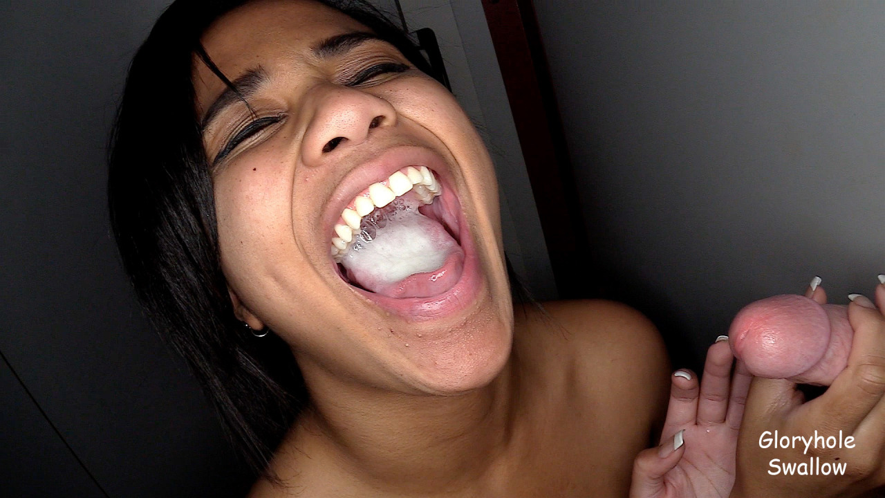 Hot new young mixed race babe gobbles the goo during her first Gloryhole visit and