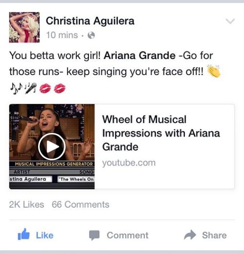 #ThatMomentWhen @xtina #ShoutsOut @arianagrande For #Singing Like A #Pimp #ChristinaAguilera #Ariana