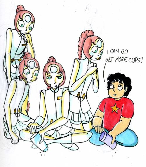 projectormom:  doodling to keep myself awake/playing with new brush markers in the prequel bit to the uprising fic, Steven teaches the homeworld pearls how to do the cup song thing and they’re all just ~fascinated~ by this strange earth ritual. It’s
