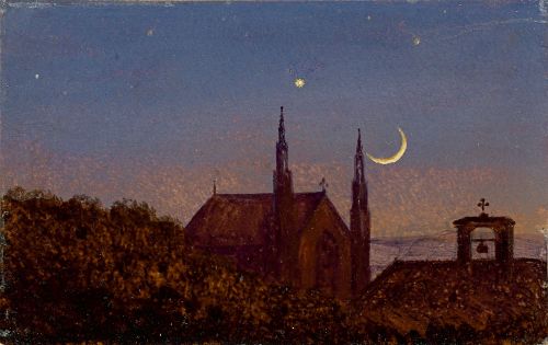 Gothic church over treetops in moonlight (small moonlight landscape with little church)   -  Carl Gu