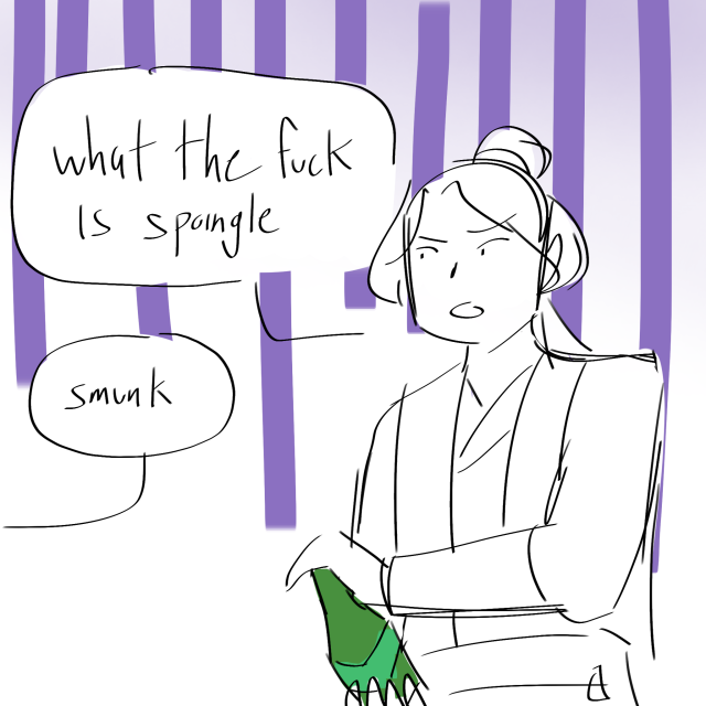 Jiang Cheng lowers the square sprite in consternation. "What the fuck is spoingle" he says. Wei Wuxian responds off screen, "smunk."