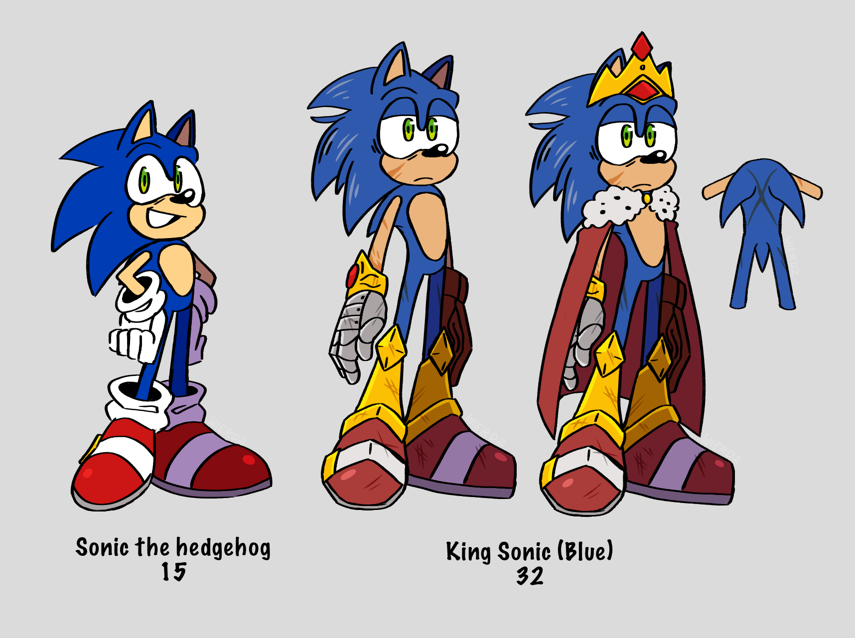 weirdozjunkary:Design for the blue king. Sonic is mostly there for height reference. He’s a tired old man, so tired and done with everything. Yes his age reflects how long his brand has been around