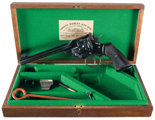 Webley Target Model double action revolver with case and accessories.