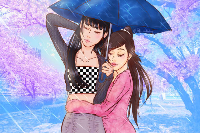 A colored digital drawing of Mai and Ty lee. They are walking on the street with pink cherry blossoms in the background on a warm but rainy, windy spring day. Ty lee is hugging Mai's waist with both arms, her head leaning on Mai's left shoulder, while Mai is holding the dark blue umbrella above them and fixing her hair that the wind messed up with her right hand. Their eyes are closed and both smiling softly with a light blush on their cheeks. Ty lee is wearing a pink long sleeved t-shirt and her hair is in a high ponytail with a white scrunchie. Mai's hair is let down, her outfit is a checkered crop top with a black knitted crop blouse and gray skirt.
