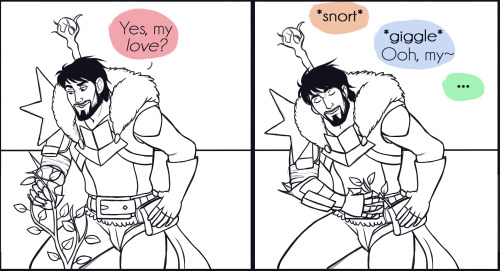 anellatulip:  Fenris: “I… Never mind.” Varric: “Nice one, Hawke.” Isabela: “Aww, look! You made him blush.” ───────  (Hawke may or may not have picked up a few habits from watching his parents when he was little and it