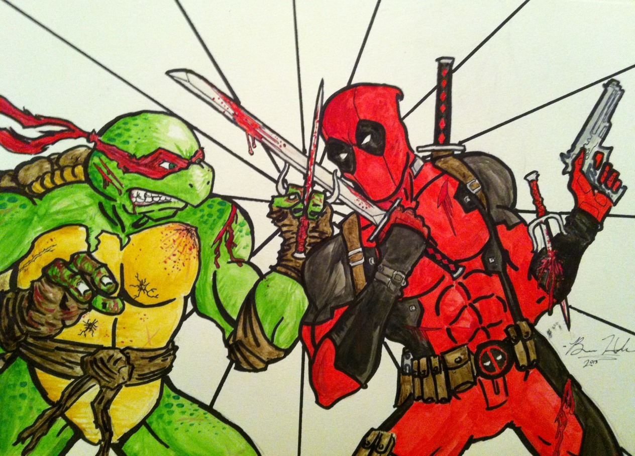 gofightcrime:  Deadpool vs. Raphael Watercolor  this is a thing i did.  Reblogging