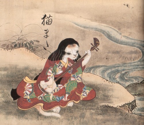 Sawaki Suushi (佐脇 嵩之), Nekomata (猫又, cat demon) playing shamisen, from the Hyakkai-Zukan (百怪図巻, The 