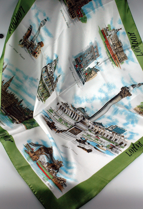 Polyester twill travel souvenir scarf, with machined turnings. White ground with ‘LONDON&rsquo