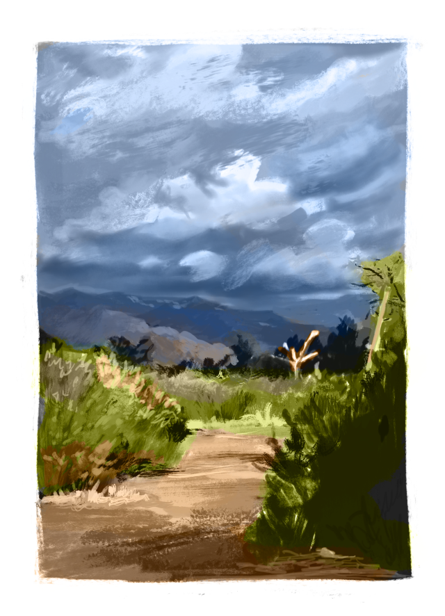 A digital painting of light across a meadow on a stormy day. the mountains are deep blue and there's a swath of green foliage in the midground. the light picks out a dead tree against the clouds.