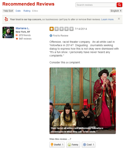 This Yelp review of Seattle Gilbert & Sullivan Society’s yellowface production of The Mika