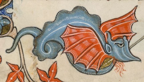 From foliio f.83v of the Luttrell Psalter, two strange creatures in combat.Luttrell Psalter, made in