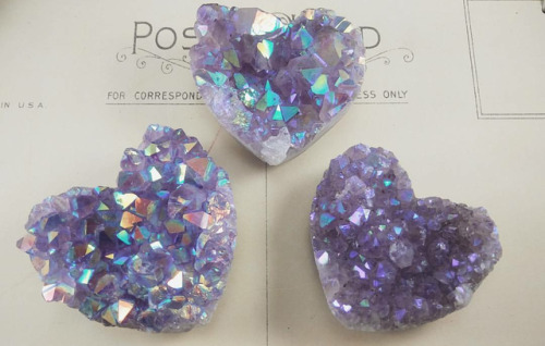 indigo-moon-relics: SALE!!! Amethyst Aura hearts! Left: 184g - was $70 NOW only $55! Middle: 156g - 