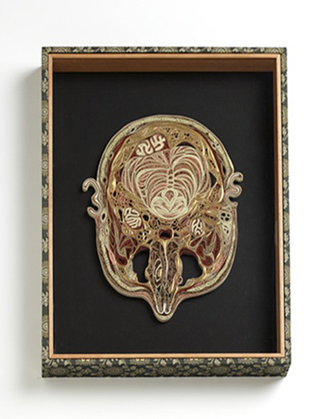 dieselotherapy:   Tissue Series  Anatomical Cross-Sections in PaperThese pieces are made of Japanese mulberry paper and the gilded edges of old books. They are constructed by a technique of rolling and shaping narrow strips of paper called quilling or