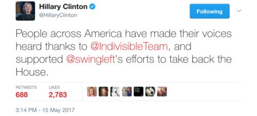 reincepriebus:  Hillary Rodham Clinton is back and part of The Resistance. Organizations mentioned: Onward Together Indivisible Team SwingLeft Color of Change Emerge America Run for Something 