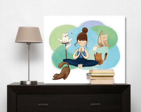 thecatart:  Yoga, Print of Original Illustration, Whimsical Art, Fine Art Print, Cats, Kitten, Blue, Green cat pictures art