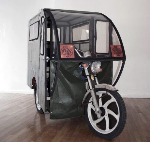 Artist Gao Rong’s embroidered sculpture, ‘What Type Of Car Can A Motor-tricycle Be Exchanged For?’ (