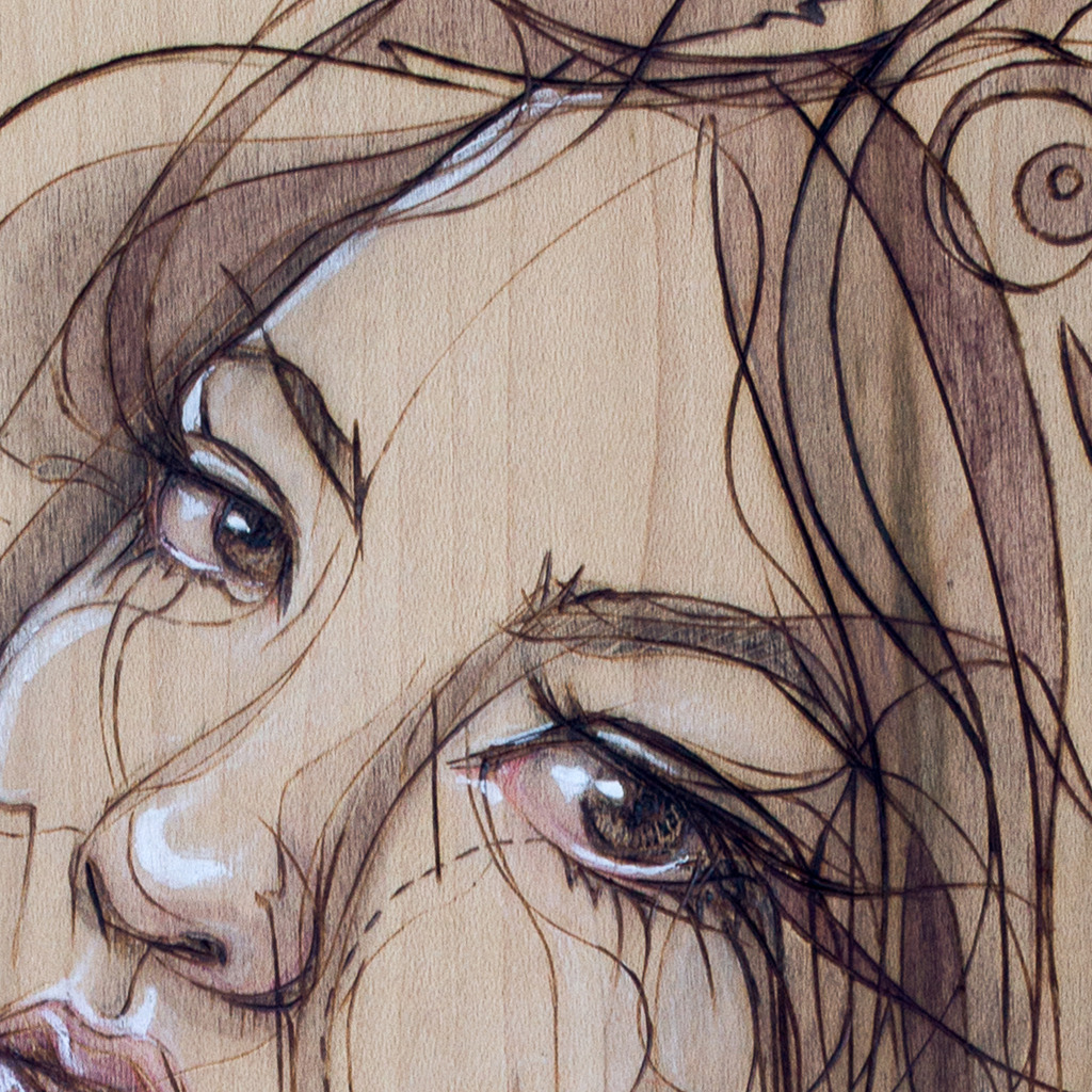 fayhelfer:  &lsquo;Julie' Pyrography and pigments on salvaged cupboard door. Prints!