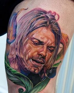 cecilporterstudios:  Kurt Cobain tattoo that I did while in Scotland. Love it there both the country and the people. Can’t wait to go back. #kurtcobain #nirvana #music #grunge #90s #picoftheday #cecilporter #color #realism #tattoos #realistic #colorful