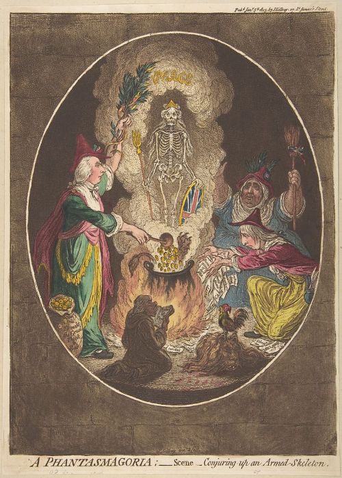 the-evil-clergyman:A Phantasmagoria; Conjuring up an Armed Skeleton by James Gillray (1803)