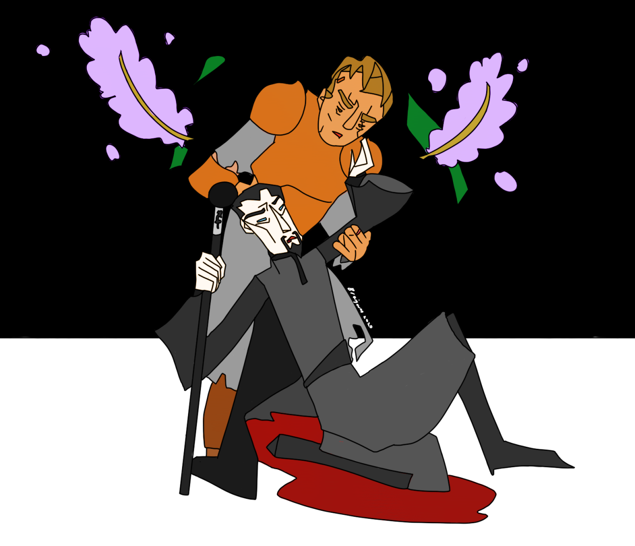 stylised drawing of vimes holding up vetinari, who is bleeding, in front of lilacs