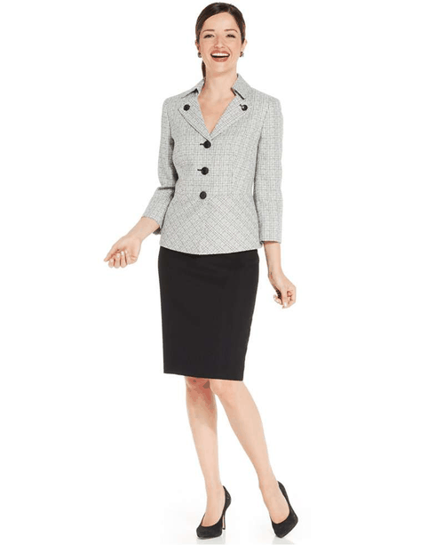 Le Suit Tweed Buttoned-Collar Skirt Suit