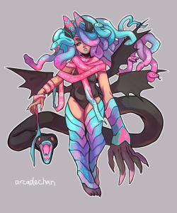 arcadechan: gonna try and draw a lot of monsters this month…monstermarch :- ) kicking it off with the Queen on Chimera, a design I’ll either use in a future comic, or will be selling as an adopt later.  