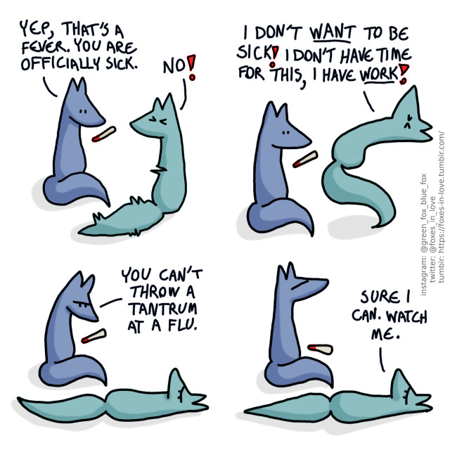 A comic of two foxes, one of whom is blue, the other is green. Here, Blue is holding a thermometer. Blue: Yep, that's a fever. You are officially sick. Green: No! Green starts writhing in anger, while Blue looks at him with only mild concern. Green: I don't want to be sick! I don't have time for this, I have work! Green flops on the floor, on his back, sulking. Blue looks at him, frowning in mild disappointment. Blue: You can't throw a tantrum at a flu. Green: Sure I can. Watch me.
