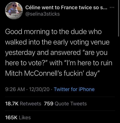 [Tweet from @selina3sticks reads “Good morning to the dude who walked into the early voting venue ye