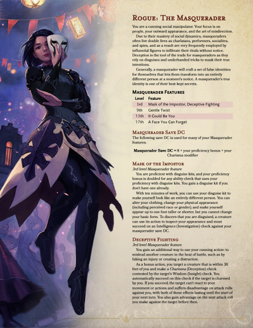 witchfiresbrews:Updated Roguish Archetype: The MasqueraderAvailable on GMBinderArt by Julia Zhuravle