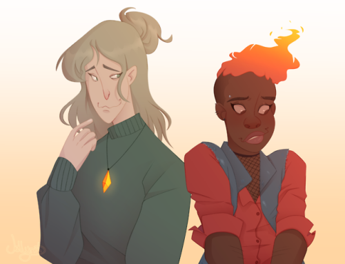 thatsajellynutsart:Burning up.[image description: a drawing of Dani and Aubrey from the waist up aga