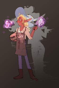 finnisterre:m0nomercy:somethings missing[Image ID: A fully body digital drawing of Taako. He is a tan, male presenting elf, with blond hair. He is wearing an apron that says “sizzle it up”, and is holding a mixing bowl while various cookie
