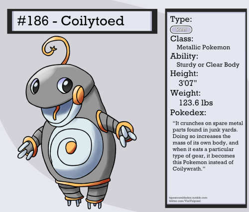 186 - CoilytoedMetallic Pokemon“It crunches on spare metal parts found in junk yards. Doing so incre