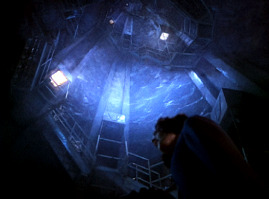 GIF 5: low angle shot of a person (B'elanna Torres) standing an a very deep and dimly lit shaft. along the walls a spiral staircase leads to the top.