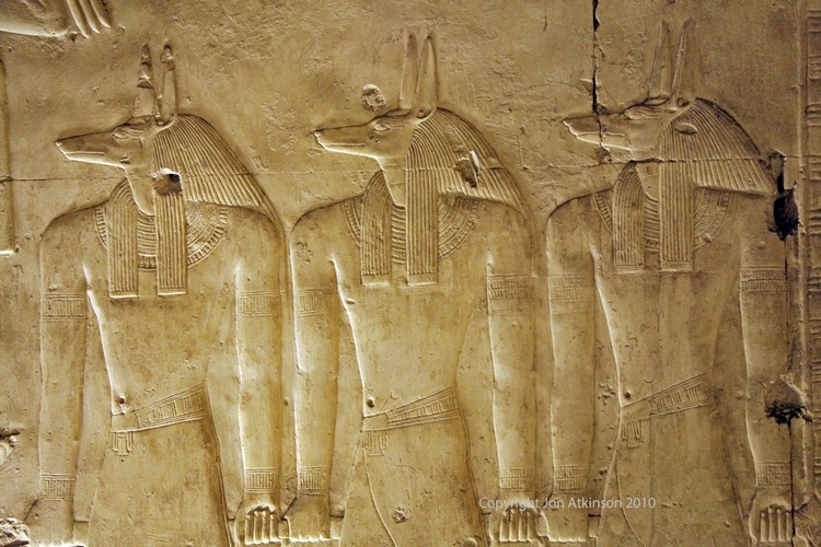merelygifted:  Jackal-headed deities - Seti I’s Abydos temple  Jon Atkinson - Abydos