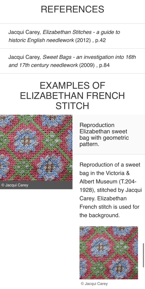 shows examples of recreated Elizabethan French Stitch and their source information