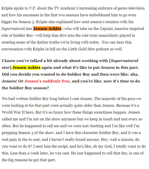 justjensenanddean:Eric Kripke talking a little about how Jensen got cast on The Boys (Vanity Fair)