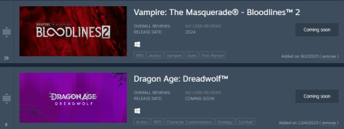 A photo of two games on a Steam wishlist. The first is Vampire: The Masquerade - Bloodlines 2 and the second is Dragon Age: Dreadwolf. Neither game has a release date.