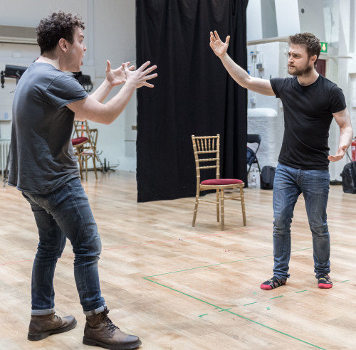 Daniel Radcliffe rehearses with Joshua McGuire for Rosencrantz and Guildernstern are Dead. [Pho