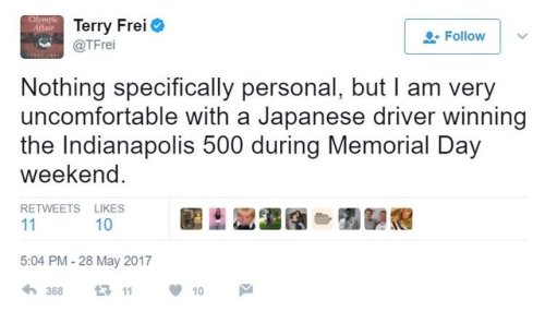 This Denver Post sports reporter felt “uncomfortable” that a Japanese driver won the Indy 500: http: