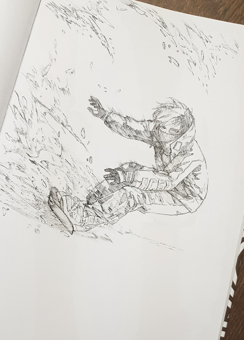 Inktober Day 26, Todoroki Shouto snowboarding on his own, personal, self-made avalanche.