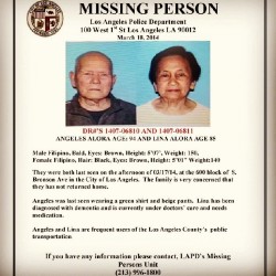 stephariffic:  brentopher:  errrline:  My grandma (Lina Alora) and grandpa (Angeles Alora) were both last seen in Koreatown/Mid-Wilshire area the afternooon of 3/17/18. They do not speak English but do speak Tagalog. Grandma has Alzheimer’s/dementia