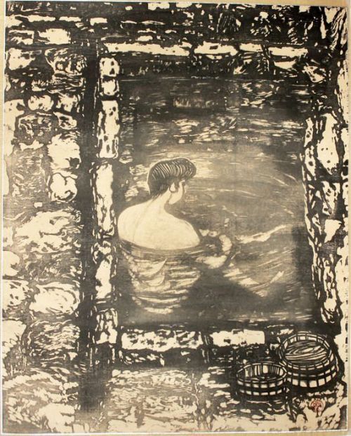 nobrashfestivity: KiyoshiAsai,Nude in onsenPaper size: 75.5 x 60.4 cm.  woodblock print, de-accessio