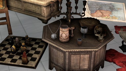 The Witcher 3: Wild Hunt Prop Pack 3Prop models from the Witcher 3: Wild HuntSmall tent (4 body groups) Wooden boat Water fountain (2 body groups) Brothel table Deer horn chandelier Candelabra (4 body groups) Melitele statue (6 body groups) Chessboard