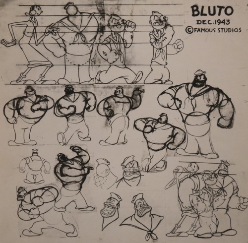 Model sheets for Popeye, Olive, and Bluto (Famous Studios era).