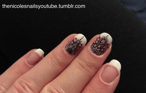 Hand painted, mandala inspired pattern on French manicure.